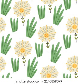Patrón vegetal hojas de león.Caricatura plana dibujada a mano de naturaleza vivero vectores papel digital tela papel tapiz