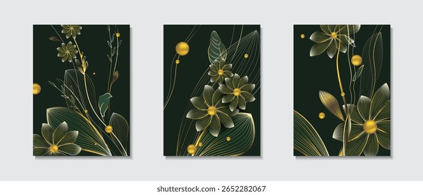 Plant pattern with leaves, flowers and wavy leaves in green and gold colors on a black background - paintings set. Luxury modern artistic wallpaper. Vector illustration for wall design, card, cover.
