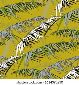 plant pattern with leaves of tropical trees in a stylized form, white, green and gray shades with black and white elements