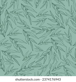 Plant pattern. Linear doodle style. A stylish branch of the plant, pointed leaves, small berries. Dull mint green background. For textiles, wallpapers, prints.