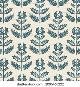 Plant Pattern with Ornamental Watercolor Medieval Style Blue Flowers on Beige Background. Old Style Textured Surface Pattern Design Good for Fabric, Wallpaper, Reenactor Clothes and more.