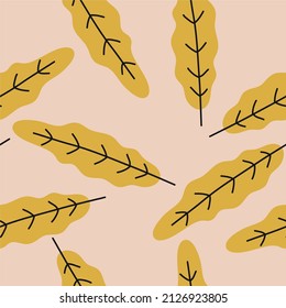 Plant pattern. Seamless pattern of bright branches, berries and leaves on a pale pink background. Vector botanical illustration