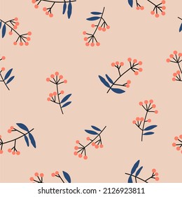 Plant pattern. Seamless pattern of bright branches, berries and leaves on a pale pink background. Vector botanical illustration