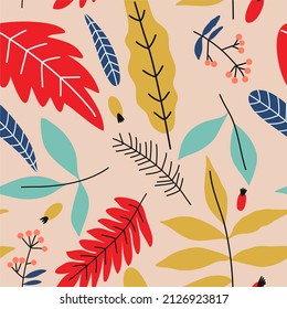Plant pattern. Seamless pattern of bright branches, berries and leaves on a pale pink background. Vector botanical illustration