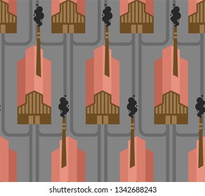 Plant pattern seamless. factory background. works texture. industrial ornament. Smoke from pipes. Environmental pollution