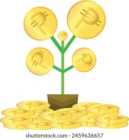 A plant of Peso symbol coin gold color isolated on white background. Editable Money tree clipart vector EPS available