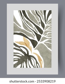 Plant petals with lines and veins symbolize environmental friendliness and love for nature on wall art. Watercolor print. Artwork with huge petals of tree or bush, in frame with decor for poster