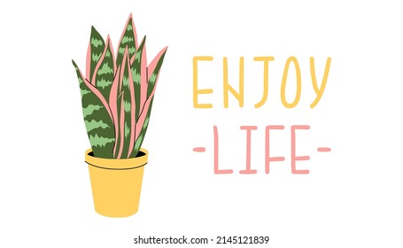 Plant phrase. Trendy house plant and motivation quote enjoy life. Hand drawing print design. Home and stationery decor. Flat style in vector illustration. Isolated elements.