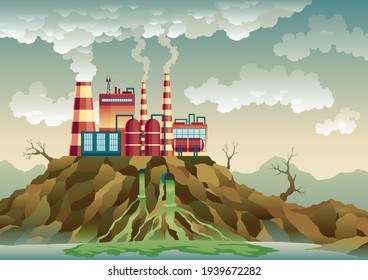 Plant with pipes from which smoke comes out. Trash emission to river water. Landscape with ecological disaster. Nature ecology elements and ecology problem concept in flat style