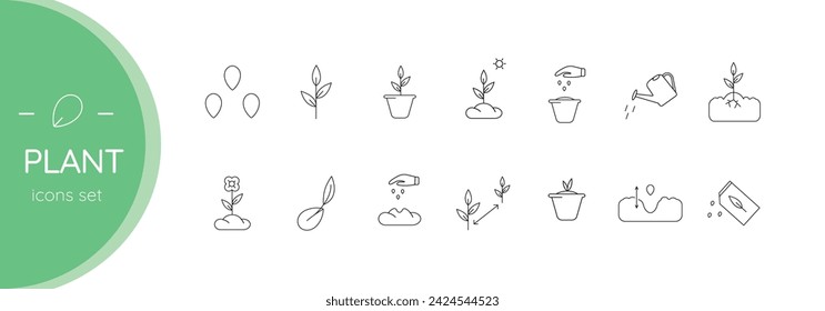 To plant plants. Seedling. Set of vector linear icons.