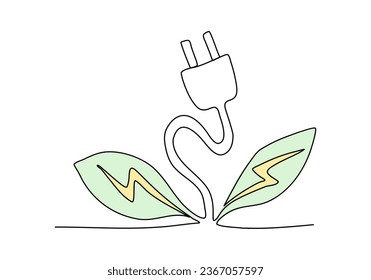 Plant with plug on the place of flower. One line drawing colored with pastel colors, vector illustration.