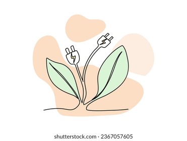 Plant with plug on the place of flower. One line drawing colored with pastel colors, vector illustration.