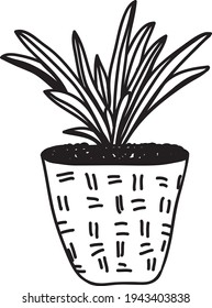 Plant in the pot. Black line vector isolated illustration. Flat spring illustration. House plant. 