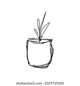 Planta en la olla. Blanco y negro. Ilustración vectorial en estilo doodle sobre fondo blanco
