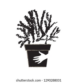 Plant in pot with caring hand black and white doodle vector illustration