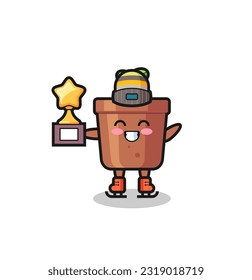 plant pot cartoon as an ice skating player hold winner trophy , cute style design for t shirt, sticker, logo element