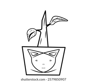 Plant pot with cat face shape and green leaves.