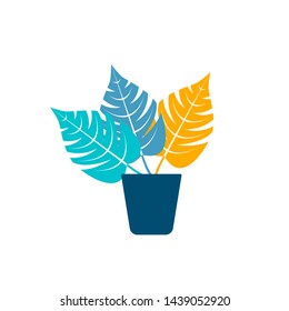 
plant in the pot color yellow blue navy illustration vector plat simple modern leaf 