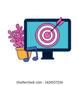 plant in a pot and computer with target over white background, vector illustration