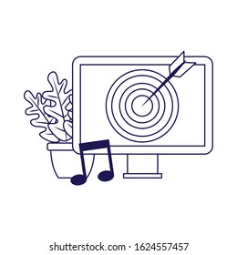 plant in a pot and computer with target over white background, flat design, vector illustration