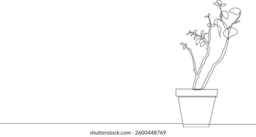 Plant in a pot continuous line drawing, trendy one line art vector illustration.