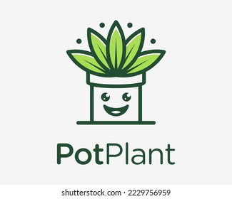 Plant Pot Cute Mascot Potted Leaf Decoration Houseplant Happy Face Cartoon Vector Logo Design