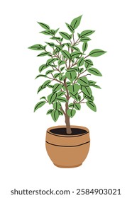 A plant in a pot is drawn in a cartoon style. The plant is green and has leaves. The pot is brown and has a design on it. The image has a calm and peaceful mood