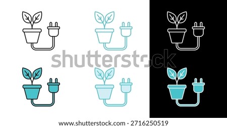 Plant pot with electric plug icon for renewable energy and eco power in line and fill style