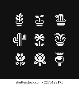 Plant in a pot emoji, pixel art icon set, cactus and flower. Isolated vector illustration on white background. 1-bit sprite. Design stickers, logo, mobile app.
