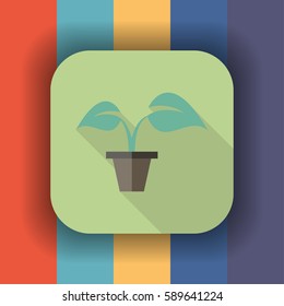 plant in pot flat icon with long shadow, vector illustration