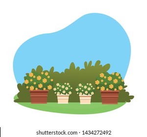 plant pot with flowers over the grass and shrubberry icon cartoon vector illustration graphic design