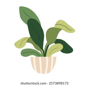 Plant pot. Garden indoor home plant, flowerpot. Green leaves flower jungle home. Houseplant for interior office decor. Vector flat illustration