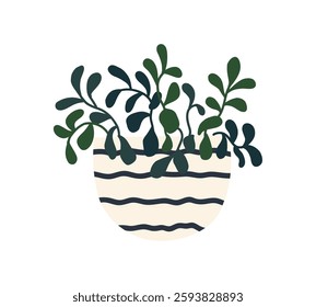 Plant pot. Garden indoor home plant, flowerpot. Green leaves flower jungle home. Houseplant for interior office decor. Vector flat illustration