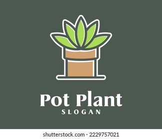 Plant Pot Green Leaf Nature Garden Tropical Flowerpot Botany Cartoon Style Vector Logo Design
