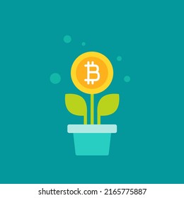 Planta en maceta con hojas verdes y bitcoin como flor. icono de vector. Icono fijo del crecimiento del ingreso. Aislado en azul. Economía, finanzas, símbolo del dinero. Moneda criptográfica, electrónica virtual, dinero de internet.