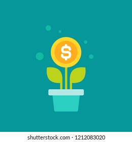 Plant in pot with green leaves and dollar coin as a flower. vector icon. Income growth flat icon. Isolated on blue. Economy, finance, money symbol. Currency pictogram. 