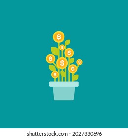 Plant in pot with green leaves and dollar coins as a flower. vector icon. Income growth, invextment concept. Economy, finance, money symbol. Currency pictogram. 