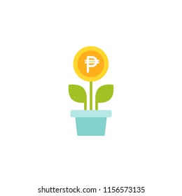 Plant in pot with green leaves and peso coin as a flower. vector icon. Income growth flat icon. Isolated on white. Economy, finance, money symbol. Currency pictogram. 