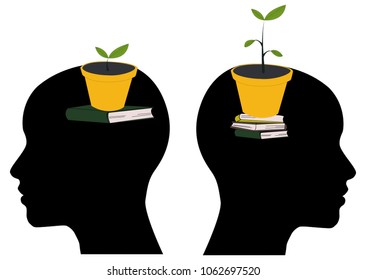 Plant in pot growing from a head, stack of books. Learning and growing concept
