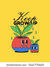 Plant pot with a growth massage Ideal for home decor, gardening products, or motivational prints to plant enthusiasts and promotes positivity hand drawn groovy cartoon poster template