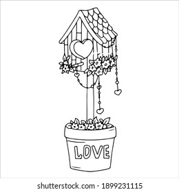 plant in the pot. heart-shaped topiary. illustrations for coloring on the theme of romance. Elemet from the doodle style set. romance, spring or valentine's day