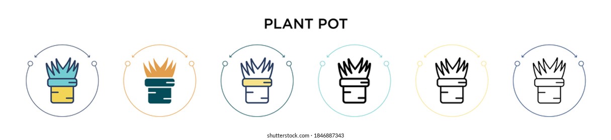 Icono de la olla de planta en estilo relleno, delgado, contorno y trazo. Ilustración vectorial de dos iconos vectoriales de plantas de color y negro se pueden utilizar para móviles, ui, web