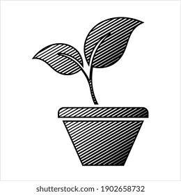 Plant Pot Icon, Leaf Stem Vector Art Illustration