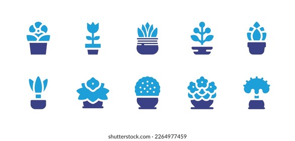 Plant pot icon set. Duotone color. Vector illustration. Containing succulent, plant, aloe, flower, flower pot, coral cactus, violet, coral bead, begonia, dragon tree.