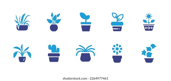 Plant pot icon set. Duotone color. Vector illustration. Containing flower, sprout, plant, peace lily, cactus, sunflower, spider plant, house plants.