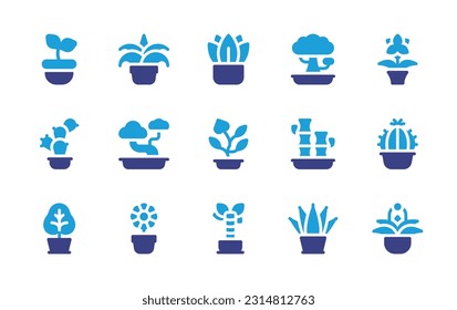 Plant pot icon set. Duotone color. Vector illustration. Containing flower pot, chlorophytum, Succulent, bonsai, amaryllis, cactus, plant, bamboo, elephant ear, sunflower, yucca, aloe vera, hanging pot