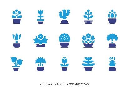 Plant pot icon set. Duotone color. Vector illustration. Containing flower pot, flower, cactus, plant, succulent, dragon tree, begonia, coral bead, violet, coral cactus, plant pot, venus flytrap, tulip