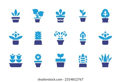 Plant pot icon set. Duotone color. Vector illustration. Containing plant, plant pot, flower pot, elephant ear, bromeliad, cactus, orchid, peace lily, gerbera, snake plant, aloe vera.