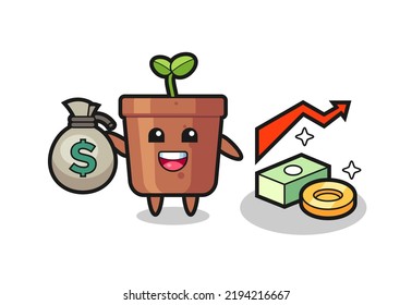 plant pot illustration cartoon holding money sack , cute style design for t shirt, sticker, logo element