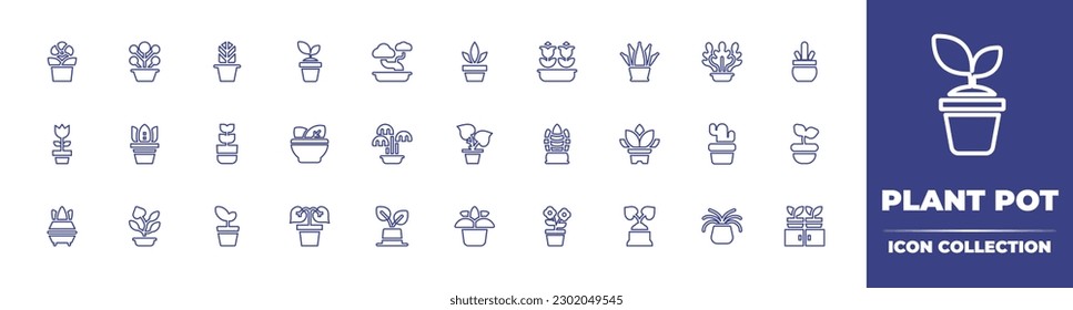 Colección de iconos de la línea de la olla de planta. Trazo editable. Ilustración vectorial. Conteniendo maceta de flores, maceta de planta, crecimiento, bonsai, planta, aloe vera, planta de serpientes, suculento, flor, hierbas, plantas de casa, potes.